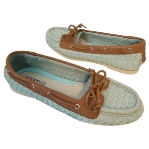 Sperry Top Sider Pale Turquoise Brown Leather Woven Boat Shoes Beachy